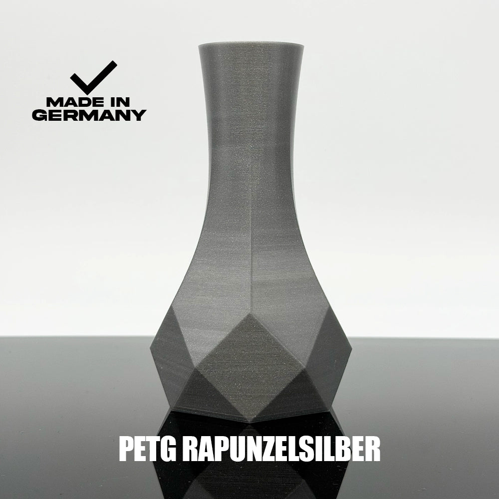 3D Gedruckte Vase aus PETG Rapunzelsilber von Filament Unger - Made in Germany